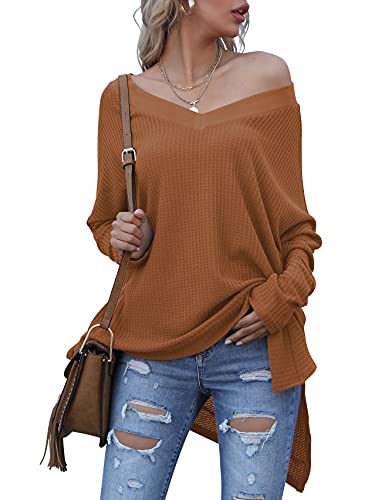 Anrabess Womens Oversized Tunic Sweater 2023 Long Batwing Sleeve V Neck Waffle Knit Split Hem Casual Cozy Slouchy Pullover Tops Fall Winter Clothes A299-Jiaotang-L #TOP3