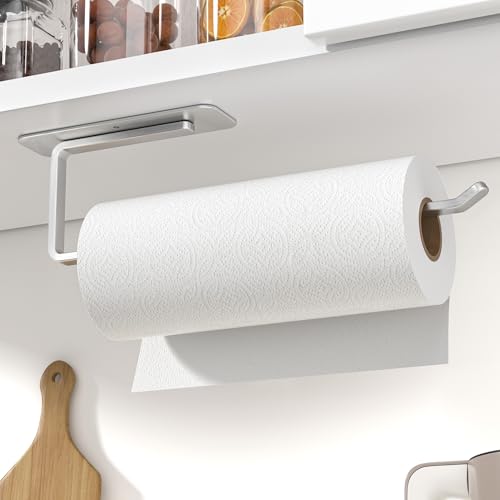Paper Towel Holder Under Cabinet - Self-Adhesive or Drilling - Silver Upgraded Aluminum Paper Towel Rack - Paper Towel Holder Wall Mount - Suitable for Kitchen, Bathroom