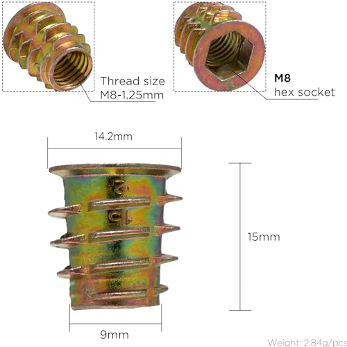 YoiYee M8 x 15mm Wood Insert Hex Socket Nuts - Threaded Flanged Hex Socket Nut Insert for Wood Furniture DIY Projects - 25 Pack - Image 2