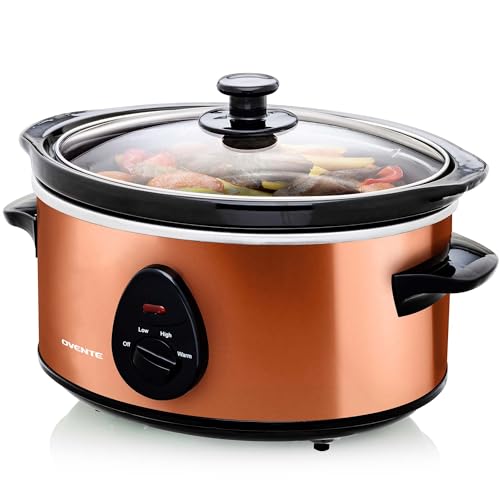 OVENTE Electric Slow Cooker with 3 Cooking Settings, Dishwasher-Safe Stoneware, Tempered Glass Lid and 3.7 Quart Oval Ceramic Pot Perfect for Entrees, Soups, Sauces, Stews and Dips, Copper SLO35ACO