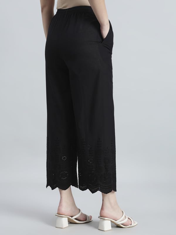 Image of GO COLORS Soft Cotton Embroidered Wide Pant Full Length for Women | Mid Rise, Breathable