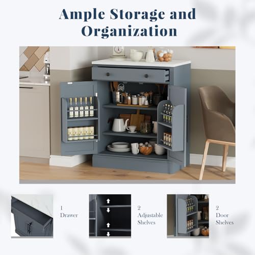 Image of Modern Freestanding Kitchen Pantry,Buffet Food Storage, Coffee Bar Cabinet with Drawer, 2 Adjustable Shelves and 2 Door Shelves for Dining, Kitchen, White (Gray + MDF + Farmhouse)