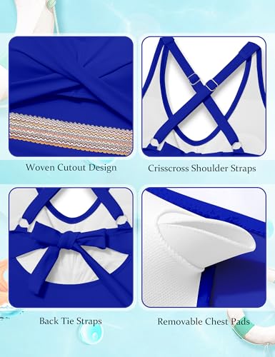Image of Girls Swimsuit Criss Cross Cutout One Piece Bathing Suit Color Block V Neck Back Tie Swimwear 9-16Y