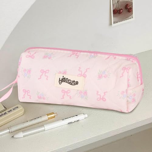 Image of Quilted Coquette Pencil Case - Floral & Bow Design with Soft Padded Fabric, Cute Small Makeup Bag for Women, Stylish Organizer for Pens, Brushes, and Accessories (Pink)
