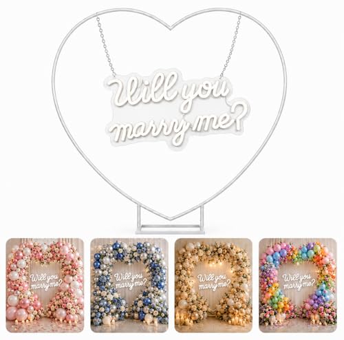 Will You Marry Me Decorations 6.6ft Metal Heart Arch Stand Proposal Kit with LED Neon Sign Heart Shaped Arch Backdrop for Outdoor Wedding Engagement Valentines Day Birthday Party