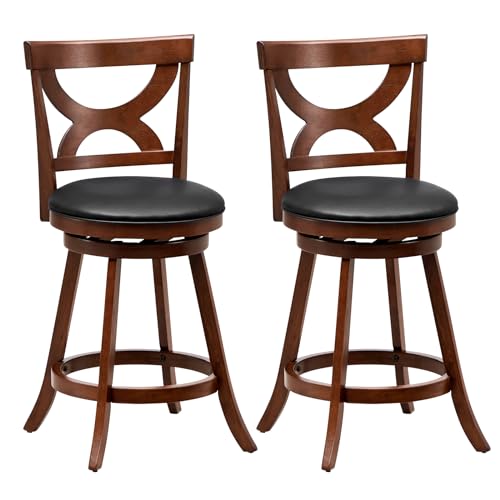 COSTWAY Butaco Set de 2, Sillas giratorias de 24 pulgadas con cojín suave y respaldo hueco elegante, reposapiés de madera de caucho, taburetes giratorios tapizados para isla de cocina, pub, café miniatura 1