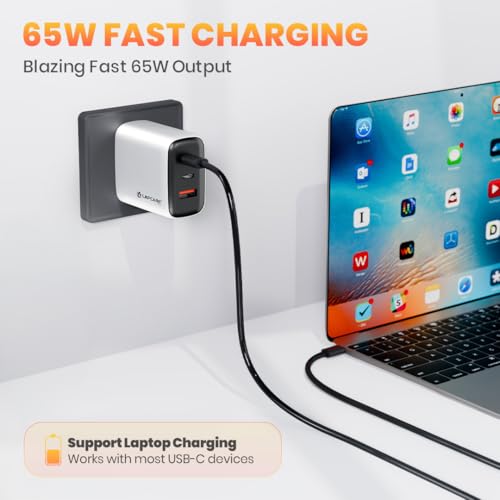 Image of LAPCARE Trio Thumby 65W GaN Wall Charger - Dual USB-C PD & USB-A Fast Charger, Compact 3-Port Compatible Adapter for MacBook, iPhone, Samsung, iPad, and More