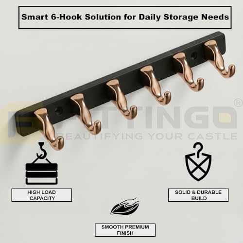 Image of 6 Hook Modern Bathroom Hooks for Hanging /Cloth Hooks for Door Back Side /Cloth Hanger for Wall (Rose Gold with Black) Pack of 2-| 3 Years Warranty |