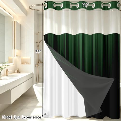 Image of AAtter No Hook Shower Curtain Set, Green Black Snap-in Liner, 72x75 Inch