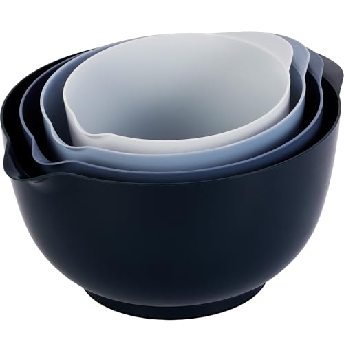 BoxedHome Haze Blue Nesting Plastic Mixing Bowl Set with Pour Spout, Microwave and Dishwasher Safe, BPA Free Non-Slip Base, Set of 4 Size 1.7, 2.5, 3.5 and 4.5qt, Great for Prepping, Baking, Cooking