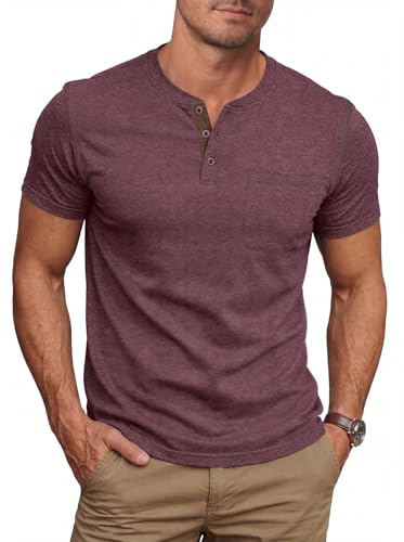 NITAGUT Mens Henley Shirts Short Sleeve Cotton Casual T-Shirts for Men Comfort Button Summer Tee with Pocket, Vg Red, Small