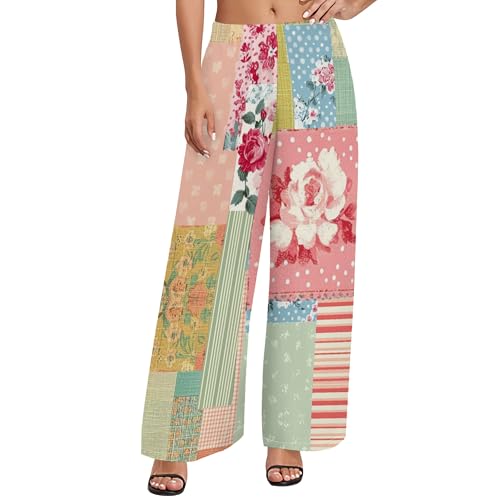 HOTYD Women's Boho Palazzo Pants Wide Leg Summer Beach Floral Flowy Trousers High Waisted Lounge Pant with Pockets