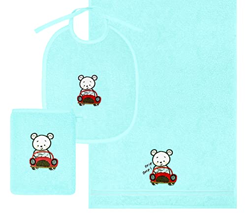 Lashuma Babyhandtücher Set mit Stick: Auto, je 1x Handtuch - Waschhandschuh - Lätzchen, Jungen Geschenkset blau