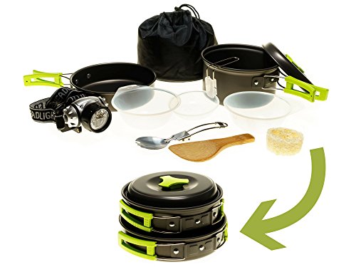 Camping Cookware Mess Kit w/LED Headlamp for Backpacking, Hiking, Survival Bug-Out Bag - 11 Piece Cookware w/Pot, Pan & Utensils for 1 or 2 Persons - Lightweight, Compact & Durable