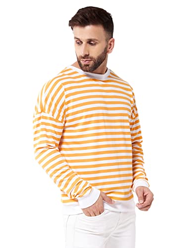 Image of GRITSTONES Men OversizedRound Neck Stripe Drop Shoulder Cotton T-Shirt