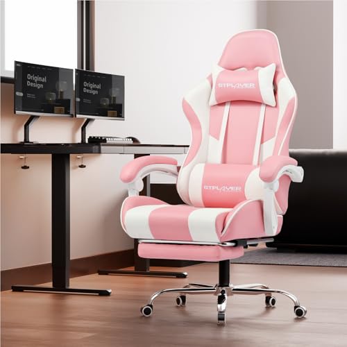 GTPLAYER Gaming Chair, Computer Chair with Footrest and Lumbar Support, Height Adjustable Game Chair with 360°-Swivel Seat and Headrest and for Office or Gaming (Faux Leather, Pink)