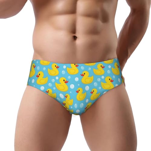 Men's Quick Dry Swim Briefs Bikini Yellow Rubber Duck Print Swimsuit Board Shorts, Sexy Beach Board Shorts Low Rise with Adjustable Drawstring, 3X-Large