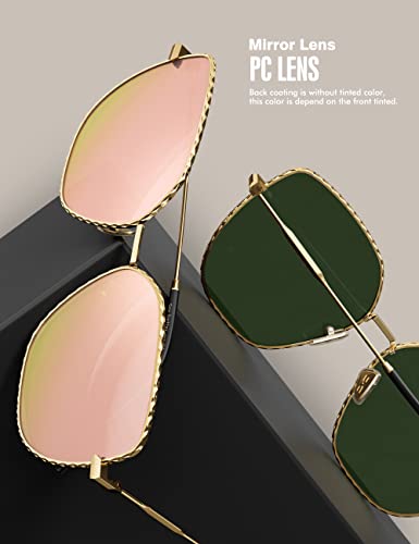 Image of LUENX Square Sunglasses for Women Oversized-Trendy Polygon Flat Three dimensional Rhombic Loop Wire Frame PC Lens, Gold Frame /Mirrored Pink Lens,