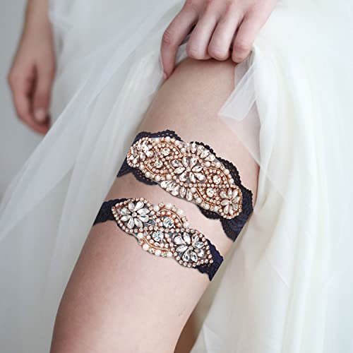 yanstar Wedding Bridal Garter Belt Navy Stretch Lace Bridal Garter Sets With Rose Gold Rhinestones For Wedding