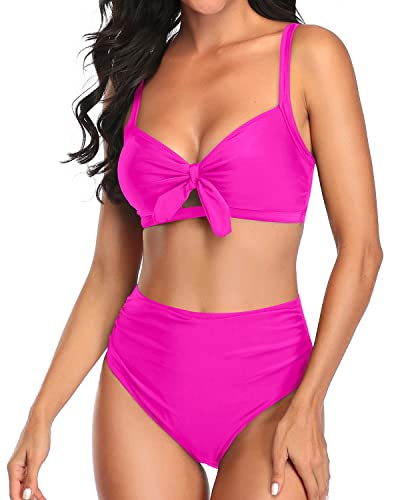 Tempt Me Women Hot Pink Two Piece Swimsuits High Waisted Bikini Set Tie Knot Ruched Tummy Control Bathing Suits with Bottom L