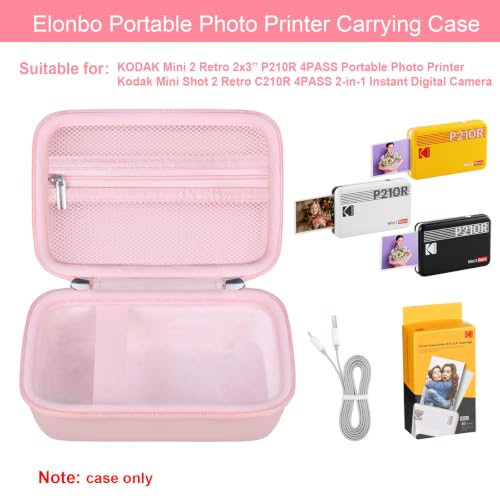 Image of Elonbo Carrying Case for KODAK Mini 2 Retro 2x3 Portable Photo Printer | Bluetooth Smartphone Instant Color Printer Hard Travel Protective Bag, Mesh Pocket fits Cartridge Photo Paper Sheets, Pink