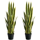 Fake Snake Plant 3ft Tall Faux Sansevieria with 24 Realistic Leaves UV Resistant Potted 2 Pack Fake Mother in Law's Tongue Plants for Indoor Outdoor Home Office Bedroom or Patio Decoration, Yellow