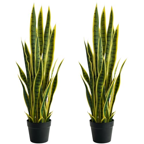 Fake Snake Plant 3ft Tall Faux Sansevieria with 24 Realistic Leaves UV Resistant Potted 2 Pack Fake Mother in Laws Tongue Plants for Indoor Outdoor Home Office Bedroom or Patio Decoration Yellow