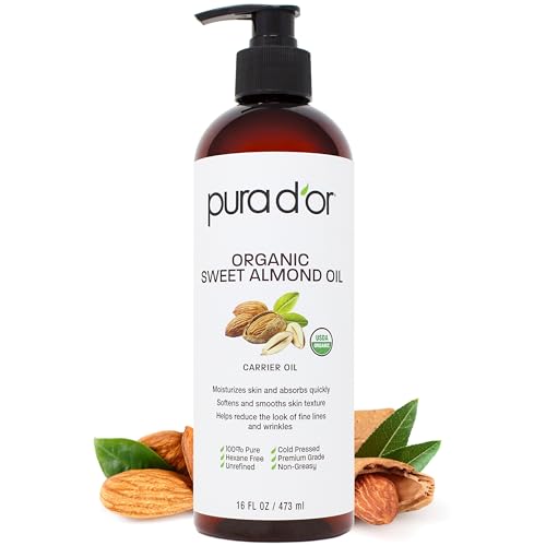 PURA D’OR 16 Oz ORGANIC Sweet Almond Oil – 100% Pure & Natural USDA Certified Cold Pressed Carrier Oil For DIY Beauty – Non-Greasy, Unscented, Hexane Free Moisturizer & Massage Oil – For Hair & Skin