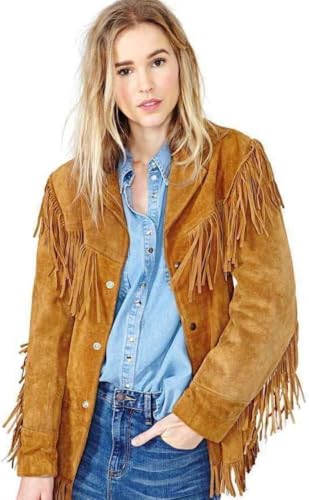 Western Suede Leather Fringe Jacket, Cowgirl Style, V-Neck, Front Pockets, Tan