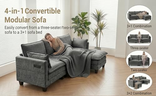Image of 110.4 inch L Shaped Modular Sectional Sofa, Comfy Upholstery Chenille Cloud Couch with USB, Modern 4-Seat Deep Seat Sofa with Ottoman for Living Room, Apartment, Grey