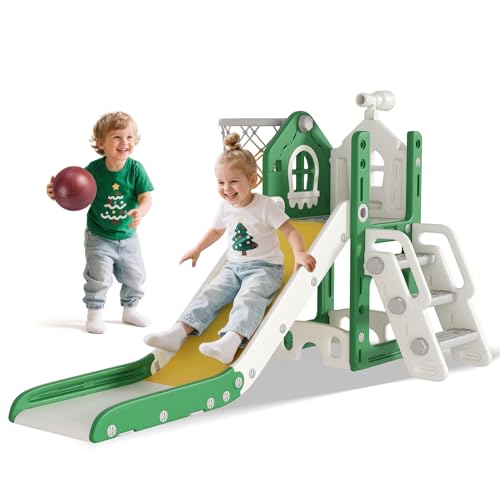 BIERUM 6 in 1 Toddler Slide - L-Shaped Baby Slide for Toddlers Aged 1-3 with Basketball Hoop, Telescope Toy and Anti-Slip Pads, Indoor Outdoor Toddler Playset, Green Yellow