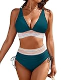 Blooming Jelly Womens High Waisted Bikini Sets Color Block Swim Suits Tummy Control Swimsuits 2025 (Medium, Blue Green)