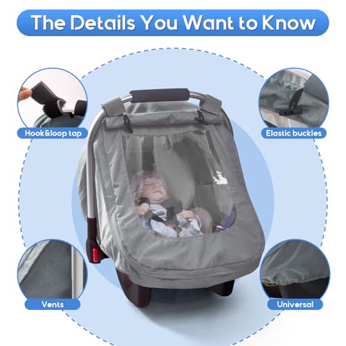 Waterproof Baby Car Seat Cover, Car Seat Rain Cover with Transparent Window, Infant Car Seat Cover with Breathable Ventilation, Windproof Carseat Canopy for Boys Girls, Winter Weather Shield for Snow