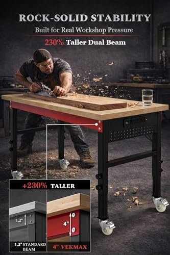 VekMax 70\" Heavy Duty Workbench, 2500 LBS Load Capacity Work Bench with 1.2\" Laminated Oak Wood Top & Reinforced Steel Frame, Adjustable Height Work Table for Garage, Workshop, Office, Home (Casters)