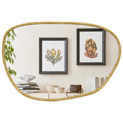 HOMCOM Miroir Mural, Miroir décoratif asymétrique 90 x 60 cm en Verre trempé, pour Salle de Bain, Chambre, Salon, Couloir, Naturel