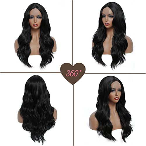 Image of BLACK HAIR WIG LONG WAVY CENTER PART