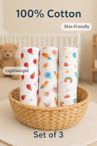 Image of Swaddle for Babies -100% Muslin Cotton Soft Swaddle /Blanket /Multipurpose Wrap for New Born Baby Girl & Boy | Perfect for Gifting | 100 x 100 cm | 0-6 Months, Set of 3, (Print 1)
