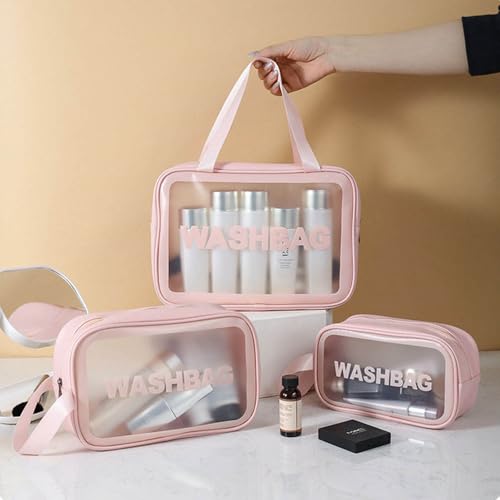Image of Catron Waterproof Wash Bag Pouch for Travel Kit Toiletry Bag Pink Faux Leather, 6-Piece Travel Makeup, Brushes & Accessories Toiletry Organiser with Clear Window (Pink+Black, 3 pcs Set)