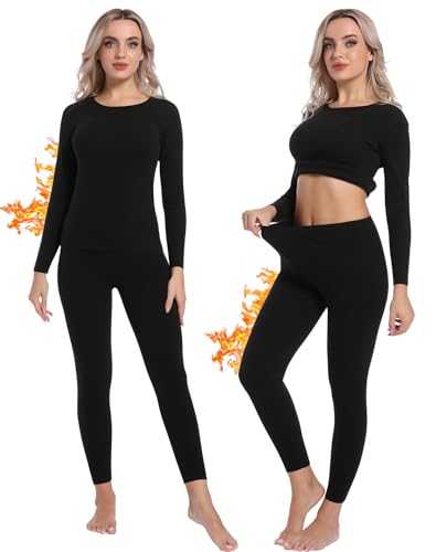 INNERSY Intimo Termico Donna Nero Maglia Manica Lunga Leggins Termici Pigiama Invernale Sci Caldo (L, Negro Sólido)
