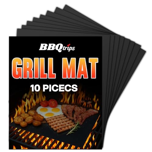 BBQtrips Grill Mats for Outdoor Grill, (10 pcs) Non Stick BBQ Grill Mat Grilling Mat, BBQ Grilling Accessories, Heavy Duty, Reusable and Easy to Clean, Grill Sheets for Gas Charcoal and Electric BBQ
