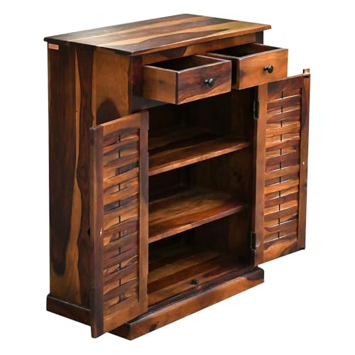 Image of Royaloak Ruby 2 Door Shoe Rack | Sheesham Wood Shoe Stand With Drawer Storage | Durable & Long Lasting | 3 Shelves Ample Storage | Emperor Collection | Wooden Shoe Rack for Home