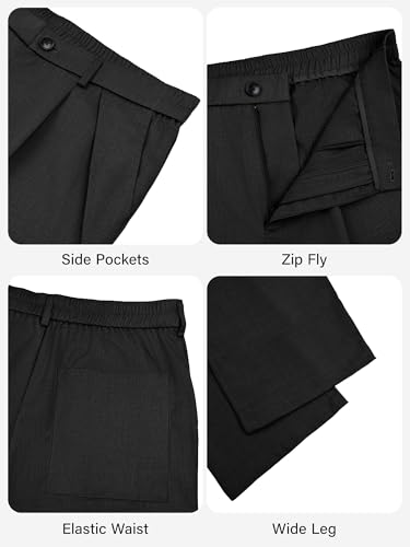 PLEPAN Men's Wide Leg Dress Pants Baggy Pleated Casual Trousers Relaxed Fit Elastic Waist Business Slacks with Pockets Black Medium