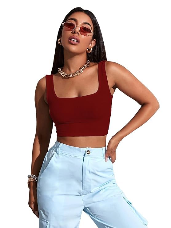 Crop Tank Top for Women Solid Ribbed Square Neck Slim Fit Tank Tops | Solid, Square Neck, Sleeveless, Gym Top | Top for Women-image-11