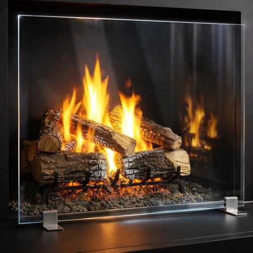 AMS Fireplace | Manhattan Modern Freestanding Frameless Clear Glass Fireplace Screen with Polished Metal Stainless Steel Feet Base (Medium Size: 39' W X 29' H)