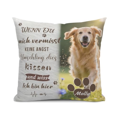 AnJeey Personalisiertes Erinnerungskissen für Hunde/Katzen | Doppelseitiges Foto & Name | Trostgeschenk Trauer | Gedenkgeschenk verstorbenes Haustier