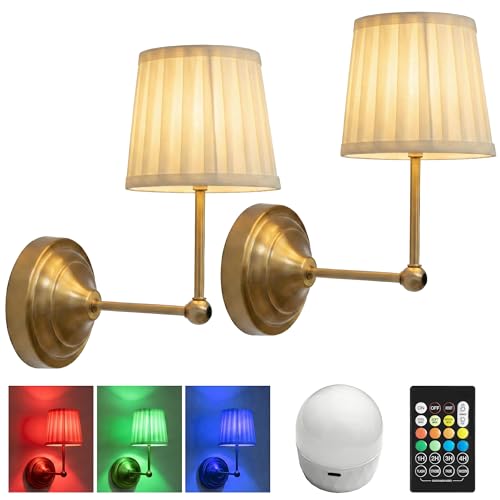Battery Operated Wall Sconces Set of 2, Gold Rechargeable Wall
