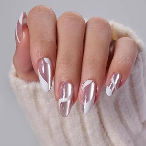 30Pcs Almond Shaped Press On Nails，Almond Press On Nails，Almond Nails Press On，Cat Eye Almond Nails Medium Length Fake Nails with White Simple Lines Designs Artificial Nails Stick on Nails For Women Cover