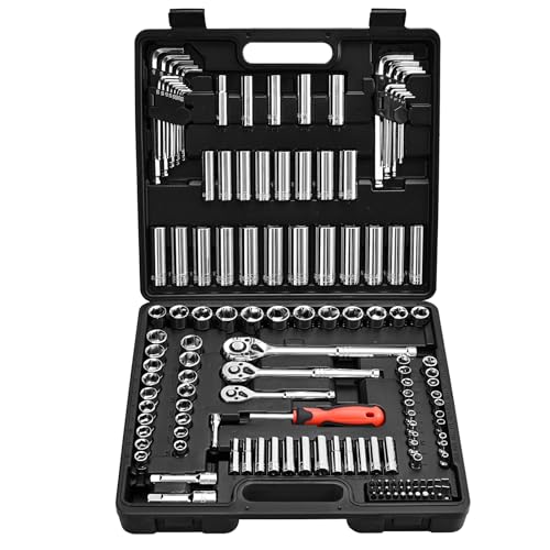 Image of VEVOR Socket Set, 149 Pieces, 3 /8 & 1 /4 & 1 /2 inch Drive Socket and Ratchet Set, SAE and Metric, Deep and Shallow, Mechanic Tool Kit with Bits, Accessories, Storage Case, CR-V Alloy Steel, for Repair