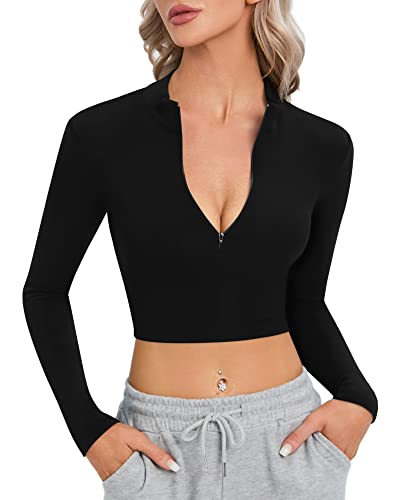 CLOZOZ Long Sleeve Crop Tops for Women Mock Turtleneck Zip Up Sexy Fitted Cropped Shirts Trendy