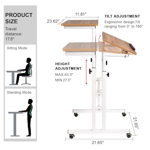 Image of Hadulcet Mobile Standing Desk with Charging Station, Adjustable Standing Computer Desk, Standing Adjustable Laptop Cart with Wheels for Home Office Classroom Vintage Oak